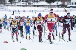 06.01.2018, Val di Fiemme, Italy (ITA): Martin Johnsrud Sundby (NOR), Alexey Poltoranin (KAZ), Alexander Bolshunov (RUS), Alex Harvey (CAN), Dario Cologna (SUI), Sergey Ustiugov (RUS), (l-r)  - FIS world cup cross-country, tour de ski, mass men, Val di Fiemme (ITA). www.nordicfocus.com. © Modica/NordicFocus. Every downloaded picture is fee-liable.
