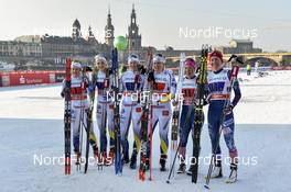 14.01.2018, Dresden, Germany (GER): Hanna Falk (SWE), Stina Nilsson (SWE), Maja Dahlqvist (SWE), Ida Ingemarsdotter (SWE), Ida Sargent (USA), Sophie Caldwell (USA) - FIS world cup cross-country, team sprint, Dresden (GER). www.nordicfocus.com. © Thibaut/NordicFocus. Every downloaded picture is fee-liable.