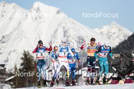 27.01.2018, Seefeld, Austria (AUT): Simeon Hamilton (USA), Calle Halfvarsson (SWE), Johannes Hoesflot Klaebo (NOR), Lucas Chanavat (FRA), (l-r)  - FIS world cup cross-country, individual sprint, Seefeld (AUT). www.nordicfocus.com. © Modica/NordicFocus. Every downloaded picture is fee-liable.