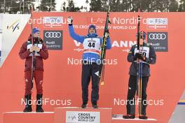 04.03.2018, Lahti, Finland (FIN): Alexander Bolshunov (RUS), Alexey Poltoranin (KAZ), Iivo Niskanen (FIN), (l-r) - FIS world cup cross-country, 15km men, Lahti (FIN). www.nordicfocus.com. © Thibaut/NordicFocus. Every downloaded picture is fee-liable.