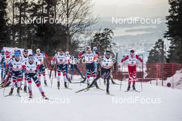 10.03.2018, Oslo, Norway (NOR): Martin Johnsrud Sundby (NOR), Hans Christer Holund (NOR), Sjur Roethe (NOR), Niklas Dyrhaug  (NOR), Daniel Stock (NOR), Dario Cologna (SUI), Alex Harvey (CAN), (l-r)  - FIS world cup cross-country, mass men, Oslo (NOR). www.nordicfocus.com. © Modica/NordicFocus. Every downloaded picture is fee-liable.