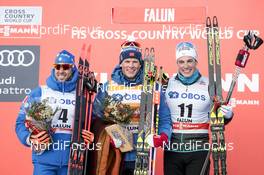 16.03.2018, Falun Sweden (SWE): Federico Pellegrino (ITA), Johannes Hoesflot Klaebo (NOR), Lucas Chanavat (FRA), (l-r) - FIS world cup cross-country, individual sprint, Falun (SWE). www.nordicfocus.com. © Modica/NordicFocus. Every downloaded picture is fee-liable.