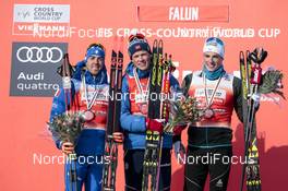 16.03.2018, Falun Sweden (SWE): Federico Pellegrino (ITA), Johannes Hoesflot Klaebo (NOR), Lucas Chanavat (FRA), (l-r) - FIS world cup cross-country, individual sprint, Falun (SWE). www.nordicfocus.com. © Modica/NordicFocus. Every downloaded picture is fee-liable.