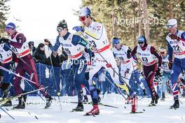 17.03.2018, Falun Sweden (SWE): Andrey Larkov (RUS), Hiroyuki Miyazawa (JPN), Marcus Hellner (SWE), Andrew Young (GBR), (l-r)  - FIS world cup cross-country, mass men, Falun (SWE). www.nordicfocus.com. © Modica/NordicFocus. Every downloaded picture is fee-liable.