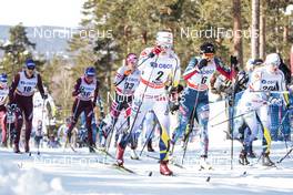 17.03.2018, Falun Sweden (SWE): Jonna Sundling (SWE), Sophie Caldwell (USA), Maria Nordstroem (SWE), Teresa Stadlober (AUT), (l-r)  - FIS world cup cross-country, mass women, Falun (SWE). www.nordicfocus.com. © Modica/NordicFocus. Every downloaded picture is fee-liable.