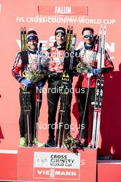 18.03.2018, Falun Sweden (SWE): Martin Johnsrud Sundby (NOR), Dario Cologna (SUI), Hans Christer Holund (NOR), (l-r) - FIS world cup cross-country, pursuit men, Falun (SWE). www.nordicfocus.com. © Modica/NordicFocus. Every downloaded picture is fee-liable.