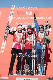 18.03.2018, Falun Sweden (SWE): Ingvild Flugstad Oestberg (NOR), Heidi Weng (NOR), Jessica Diggins (USA), (l-r) - FIS world cup cross-country, pursuit women, Falun (SWE). www.nordicfocus.com. © Modica/NordicFocus. Every downloaded picture is fee-liable.