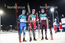 13.02.2018, Pyeongchang, Korea (KOR): Federico Pellegrino (ITA), Johannes Hoesflot Klaebo (NOR), Alexander Bolshunov (RUS), (l-r)  - XXIII. Olympic Winter Games Pyeongchang 2018, cross-country, individual sprint,  Pyeongchang (KOR). www.nordicfocus.com. © Modica/NordicFocus. Every downloaded picture is fee-liable.