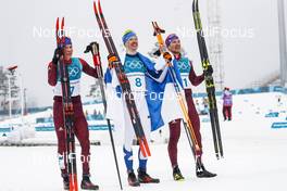 24.02.2018, Pyeongchang, Korea (KOR): Alexander Bolshunov (RUS), Iivo Niskanen (FIN), Andrey Larkov (RUS), (l-r)  - XXIII. Olympic Winter Games Pyeongchang 2018, cross-country, mass men,  Pyeongchang (KOR). www.nordicfocus.com. © Modica/NordicFocus. Every downloaded picture is fee-liable.
