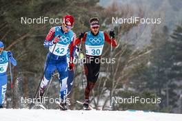 24.02.2018, Pyeongchang, Korea (KOR): Noah Hoffman (USA), Candide Pralong (SUI), (l-r)  - XXIII. Olympic Winter Games Pyeongchang 2018, cross-country, mass men,  Pyeongchang (KOR). www.nordicfocus.com. © Modica/NordicFocus. Every downloaded picture is fee-liable.