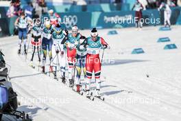 25.02.2018, Pyeongchang, Korea (KOR): Marit Bjoergen (NOR), Charlotte Kalla (SWE), Ingvild Flugstad Oestberg (NOR), Krista Parmakoski (FIN), Sadie Bjornsen (USA), (l-r)  - XXIII. Olympic Winter Games Pyeongchang 2018, cross-country, mass women,  Pyeongchang (KOR). www.nordicfocus.com. © Modica/NordicFocus. Every downloaded picture is fee-liable.