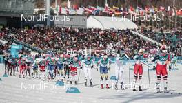 25.02.2018, Pyeongchang, Korea (KOR): Marit Bjoergen (NOR), Heidi Weng (NOR), Kerttu Niskanen (FIN), Charlotte Kalla (SWE), Krista Parmakoski (FIN), Ingvild Flugstad Oestberg (NOR), Stina Nilsson (SWE), (l-r)  - XXIII. Olympic Winter Games Pyeongchang 2018, cross-country, mass women,  Pyeongchang (KOR). www.nordicfocus.com. © Modica/NordicFocus. Every downloaded picture is fee-liable.