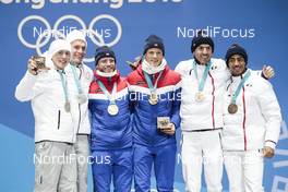 22.02.2018, Pyeongchang, Korea (KOR): Denis Spitsov (RUS), Alexander Bolshunov (RUS), Martin Johnsrud Sundby (NOR), Johannes Hoesflot Klaebo (NOR), Maurice Manificat (FRA), Richard Jouve (FRA), (l-r)  - XXIII. Olympic Winter Games Pyeongchang 2018, cross-country, medals, Pyeongchang (KOR). www.nordicfocus.com. © Modica/NordicFocus. Every downloaded picture is fee-liable.