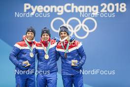 10.02.2018, Pyeongchang, Korea (KOR): Martin Johnsrud Sundby (NOR), Simen Hegstad Krueger (NOR), Hans Christer Holund (NOR), (l-r) - XXIII. Olympic Winter Games Pyeongchang 2018, cross-country, medals, Pyeongchang (KOR). www.nordicfocus.com. © Modica/NordicFocus. Every downloaded picture is fee-liable.