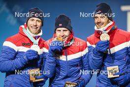10.02.2018, Pyeongchang, Korea (KOR): Martin Johnsrud Sundby (NOR), Simen Hegstad Krueger (NOR), Hans Christer Holund (NOR), (l-r) - XXIII. Olympic Winter Games Pyeongchang 2018, cross-country, medals, Pyeongchang (KOR). www.nordicfocus.com. © Modica/NordicFocus. Every downloaded picture is fee-liable.