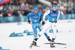 18.02.2018, Pyeongchang, Korea (KOR): Lari Lehtonen (FIN), Federico Pellegrino (ITA), (l-r)  - XXIII. Olympic Winter Games Pyeongchang 2018, cross-country, 4x10km men,  Pyeongchang (KOR). www.nordicfocus.com. © Modica/NordicFocus. Every downloaded picture is fee-liable.