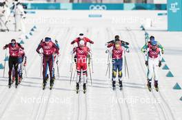18.02.2018, Pyeongchang, Korea (KOR): Jonas Baumann (SUI), Andrey Larkov (RUS), Didrik Toenseth (NOR), Jens Burman (SWE), Ristomatti Hakola (FIN), (l-r)  - XXIII. Olympic Winter Games Pyeongchang 2018, cross-country, 4x10km men,  Pyeongchang (KOR). www.nordicfocus.com. © Modica/NordicFocus. Every downloaded picture is fee-liable.