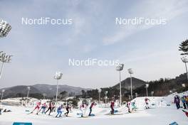 18.02.2018, Pyeongchang, Korea (KOR): Didrik Toenseth (NOR), Andrey Larkov (RUS), Jens Burman (SWE), Jonas Baumann (SUI), Ristomatti Hakola (FIN), Andreas Katz (GER), Jean Marc Gaillard (FRA), (l-r)  - XXIII. Olympic Winter Games Pyeongchang 2018, cross-country, 4x10km men,  Pyeongchang (KOR). www.nordicfocus.com. © Modica/NordicFocus. Every downloaded picture is fee-liable.