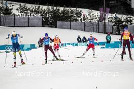 17.02.2018, Pyeongchang, Korea (KOR): Stina Nilsson (SWE), Anna Nechaevskaya (RUS), Ragnhild Haga (NOR), Marit Bjoergen (NOR), Anastasia Sedova (RUS), (l-r)  - XXIII. Olympic Winter Games Pyeongchang 2018, cross-country, 4x5km women, Pyeongchang (KOR). www.nordicfocus.com. © Modica/NordicFocus. Every downloaded picture is fee-liable.