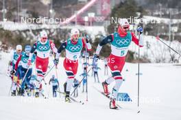 11.02.2018, Pyeongchang, Korea (KOR): Johannes Hoesflot Klaebo (NOR), Martin Johnsrud Sundby (NOR), Hans Christer Holund (NOR), (l-r)  - XXIII. Olympic Winter Games Pyeongchang 2018, cross-country, skiathlon men, Pyeongchang (KOR). www.nordicfocus.com. © Modica/NordicFocus. Every downloaded picture is fee-liable.