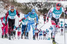 11.02.2018, Pyeongchang, Korea (KOR): Jonas Baumann (SUI), Francesco  De Fabiani (ITA), Max Hauke (AUT), (l-r)  - XXIII. Olympic Winter Games Pyeongchang 2018, cross-country, skiathlon men, Pyeongchang (KOR). www.nordicfocus.com. © Modica/NordicFocus. Every downloaded picture is fee-liable.