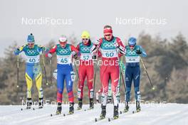 10.02.2018, Pyeongchang, Korea (KOR): Maryna Antsybor (UKR), Barbora Havlickova (CZE), Xin Li (CHN), Dahria Beatty (CAN), Barbara Jezersek (AUS), (l-r)  - XXIII. Olympic Winter Games Pyeong Chang 2018, cross-country, skiathlon women, Pyeong Chang (KOR). www.nordicfocus.com. © Modica/NordicFocus. Every downloaded picture is fee-liable.