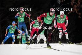 21.02.2018, Pyeongchang, Korea (KOR): Dario Cologna (SUI), Johannes Hoesflot Klaebo (NOR), Simeon Hamilton (USA), (l-r)  - XXIII. Olympic Winter Games Pyeongchang 2018, cross-country, team sprint,  Pyeongchang (KOR). www.nordicfocus.com. © Modica/NordicFocus. Every downloaded picture is fee-liable.