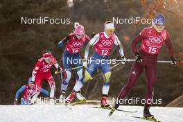 21.02.2018, Pyeongchang, Korea (KOR): Charlotte Kalla (SWE), Natalia Nepryaeva (RUS), Kikkan Randall (USA), (l-r)  - XXIII. Olympic Winter Games Pyeongchang 2018, cross-country, team sprint,  Pyeongchang (KOR). www.nordicfocus.com. © Modica/NordicFocus. Every downloaded picture is fee-liable.