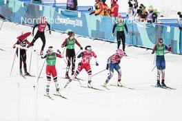 21.02.2018, Pyeongchang, Korea (KOR): Maiken Caspersen Falla (NOR), Marit Bjoergen (NOR), Jessica Diggins (USA), Kikkan Randall (USA), Nicole Fessel (GER), Laurien Van Der Graaff (SUI), Sandra Ringwald (GER), (l-r), (l-r)  - XXIII. Olympic Winter Games Pyeongchang 2018, cross-country, team sprint,  Pyeongchang (KOR). www.nordicfocus.com. © Modica/NordicFocus. Every downloaded picture is fee-liable.