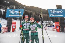 13.01.2018, Val di Fiemme, Italy (ITA): Vinzenz Geiger (GER), Eric Frenzel (GER), (l-r)  - FIS world cup nordic combined, team sprint HS134/2x7.5km, Val di Fiemme (ITA). www.nordicfocus.com. © Modica/NordicFocus. Every downloaded picture is fee-liable.