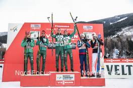 13.01.2018, Val di Fiemme, Italy (ITA): Fabian Riessle (GER), Johannes Rydzek (GER), Vinzenz Geiger (GER), Eric Frenzel (GER), Magnus Hovdal Moan (NOR), Mikko Kokslien (NOR), (l-r) - FIS world cup nordic combined, team sprint HS134/2x7.5km, Val di Fiemme (ITA). www.nordicfocus.com. © Modica/NordicFocus. Every downloaded picture is fee-liable.
