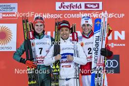 27.01.2018, Seefeld, Austria (AUT): Vinzenz Geiger (GER), Akito Watabe (JPN), Jarl Magnus Riiber (NOR), (l-r) - FIS world cup nordic combined, individual gundersen HS109/10km, Seefeld (AUT). www.nordicfocus.com. © Thibaut/NordicFocus. Every downloaded picture is fee-liable.