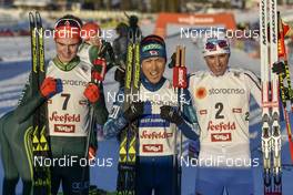 27.01.2018, Seefeld, Austria (AUT): Vinzenz Geiger (GER), Akito Watabe (JPN), Jarl Magnus Riiber (NOR) - FIS world cup nordic combined, individual gundersen HS109/10km, Seefeld (AUT). www.nordicfocus.com. © Thibaut/NordicFocus. Every downloaded picture is fee-liable.