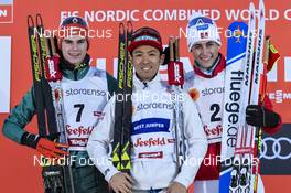 27.01.2018, Seefeld, Austria (AUT): Vinzenz Geiger (GER), Akito Watabe (JPN), Jarl Magnus Riiber (NOR), (l-r) - FIS world cup nordic combined, individual gundersen HS109/10km, Seefeld (AUT). www.nordicfocus.com. © Thibaut/NordicFocus. Every downloaded picture is fee-liable.