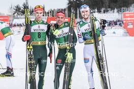 04.03.2018, Lahti, Finland (FIN): Vinzenz Geiger (GER), Johannes Rydzek (GER), Joergen Graabak (NOR), (l-r)  - FIS world cup nordic combined, individual gundersen HS130/10km, Lahti (FIN). www.nordicfocus.com. © Modica/NordicFocus. Every downloaded picture is fee-liable.