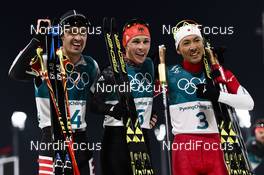 14.02.2018, Pyeongchang, Korea (KOR): Lukas Klapfer (AUT), Eric Frenzel (GER), Akito Watabe (JPN) - XXIII. Olympic Winter Games Pyeongchang 2018, nordic combined, individual gundersen HS109/10km, Pyeongchang (KOR). www.nordicfocus.com. © Thibaut/NordicFocus. Every downloaded picture is fee-liable.