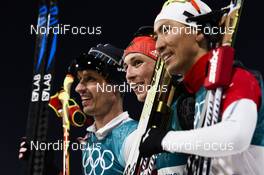 14.02.2018, Pyeongchang, Korea (KOR): Lukas Klapfer (AUT), Eric Frenzel (GER), Akito Watabe (JPN) - XXIII. Olympic Winter Games Pyeongchang 2018, nordic combined, individual gundersen HS109/10km, Pyeongchang (KOR). www.nordicfocus.com. © Thibaut/NordicFocus. Every downloaded picture is fee-liable.