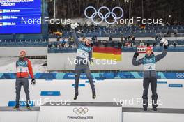 20.02.2018, Pyeongchang, Korea (KOR): Fabian Riessle (GER), Johannes Rydzek (GER), Eric Frenzel (GER), (l-r) - XXIII. Olympic Winter Games Pyeongchang 2018, nordic combined, individual gundersen HS140/10km, Pyeongchang (KOR). www.nordicfocus.com. © Thibaut/NordicFocus. Every downloaded picture is fee-liable.