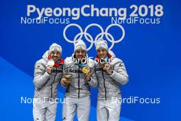 21.02.2018, Pyeongchang, Korea (KOR): Fabian Riessle (GER), Johannes Rydzek (GER), Eric Frenzel (GER), (l-r) - XXIII. Olympic Winter Games Pyeongchang 2018, nordic combined, medals, Pyeongchang (KOR). www.nordicfocus.com. © Thibaut/NordicFocus. Every downloaded picture is fee-liable.