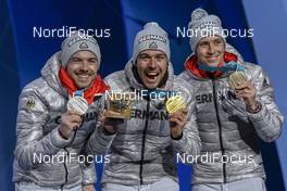 21.02.2018, Pyeongchang, Korea (KOR): Fabian Riessle (GER), Johannes Rydzek (GER), Eric Frenzel (GER) - XXIII. Olympic Winter Games Pyeongchang 2018, nordic combined, medals, Pyeongchang (KOR). www.nordicfocus.com. © Thibaut/NordicFocus. Every downloaded picture is fee-liable.