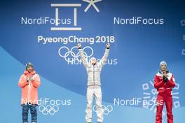 15.02.2018, Pyeongchang, Korea (KOR): Akito Watabe (JPN), Eric Frenzel (GER), Lukas Klapfer (AUT), (l-r) - XXIII. Olympic Winter Games Pyeongchang 2018, nordic combined, medals, Modica/NordicFocus. Every downloaded picture is fee-liable.