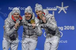 21.02.2018, Pyeongchang, Korea (KOR): Fabian Riessle (GER), Johannes Rydzek (GER), Eric Frenzel (GER) - XXIII. Olympic Winter Games Pyeongchang 2018, nordic combined, medals, Pyeongchang (KOR). www.nordicfocus.com. © Thibaut/NordicFocus. Every downloaded picture is fee-liable.