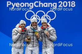 21.02.2018, Pyeongchang, Korea (KOR): Fabian Riessle (GER), Johannes Rydzek (GER), Eric Frenzel (GER), (l-r) - XXIII. Olympic Winter Games Pyeongchang 2018, nordic combined, medals, Pyeongchang (KOR). www.nordicfocus.com. © Thibaut/NordicFocus. Every downloaded picture is fee-liable.