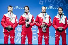 23.02.2018, Pyeongchang, Korea (KOR): Wilhelm Denifl (AUT), Lukas Klapfer (AUT), Bernhard Gruber (AUT), Mario Seidl (AUT), (l-r) - XXIII. Olympic Winter Games Pyeongchang 2018, nordic combined, medals, Pyeongchang (KOR). www.nordicfocus.com. © Modica/NordicFocus. Every downloaded picture is fee-liable.