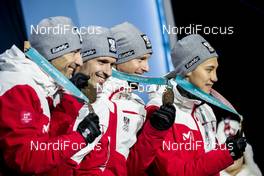 23.02.2018, Pyeongchang, Korea (KOR): Wilhelm Denifl (AUT), Lukas Klapfer (AUT), Bernhard Gruber (AUT), Mario Seidl (AUT), (l-r) - XXIII. Olympic Winter Games Pyeongchang 2018, nordic combined, medals, Pyeongchang (KOR). www.nordicfocus.com. © Modica/NordicFocus. Every downloaded picture is fee-liable.