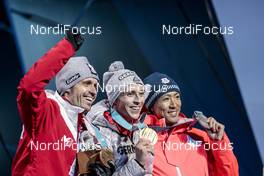15.02.2018, Pyeongchang, Korea (KOR): Akito Watabe (JPN), Eric Frenzel (GER), Lukas Klapfer (AUT), (l-r) - XXIII. Olympic Winter Games Pyeongchang 2018, nordic combined, medals, Modica/NordicFocus. Every downloaded picture is fee-liable.