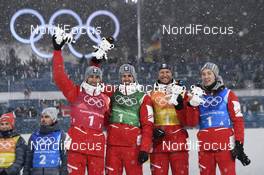 22.02.2018, Pyeongchang, Korea (KOR): Wilhelm Denifl (AUT), Lukas Klapfer (AUT), Bernhard Gruber (AUT), Mario Seidl (AUT) - XXIII. Olympic Winter Games Pyeongchang 2018, nordic combined, team HS140/4x5km, Pyeongchang (KOR). www.nordicfocus.com. © Thibaut/NordicFocus. Every downloaded picture is fee-liable.