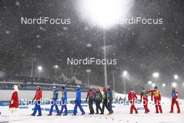 22.02.2018, Pyeongchang, Korea (KOR): Jan Schmid (NOR), Espen Andersen (NOR), Jarl Magnus Riiber (NOR), Joergen Graabak (NOR), Vinzenz Geiger (GER), Fabian Riessle (GER), Eric Frenzel (GER), Johannes Rydzek (GER), Wilhelm Denifl (AUT), Lukas Klapfer (AUT), Bernhard Gruber (AUT), Mario Seidl (AUT) - XXIII. Olympic Winter Games Pyeongchang 2018, nordic combined, team HS140/4x5km, Pyeongchang (KOR). www.nordicfocus.com. © Thibaut/NordicFocus. Every downloaded picture is fee-liable.