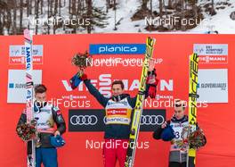 23.03.2018, Planica, Slovenia (SLO): Johann Andre Forfang (NOR), Kamil Stoch (POL), Stefan Kraft (AUT) (l-r)  - FIS world cup ski flying, individual HS225, Planica (SLO). www.nordicfocus.com. © Nordicfocus/EXPA/JFK. Every downloaded picture is fee-liable.