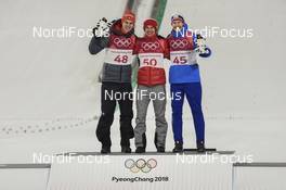 17.02.2018, Pyeongchang, Korea (KOR): Andreas Wellinger (GER), Kamil Stoch (POL), Robert Johansson (NOR), (l-r) - XXIII. Olympic Winter Games Pyeongchang 2018, ski jumping, individual HS140, Pyeongchang (KOR). www.nordicfocus.com. © Thibaut/NordicFocus. Every downloaded picture is fee-liable.